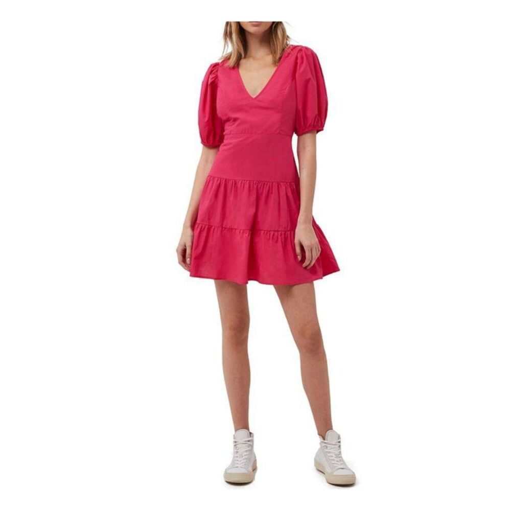 FRENCH CONNECTION Womens Pink Woven Pouf Sleeve V Neck Short Fit + Flare Dress 4